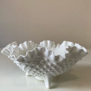 Vintage 1970s Fenton Milk Glass 8” Hobnail Ruffled 3 Leg Bowl